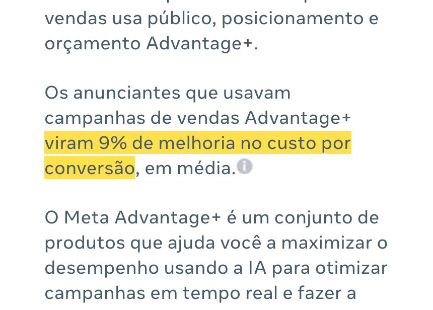 Print da página oficial: Vendas Advantage+: 9% melhor